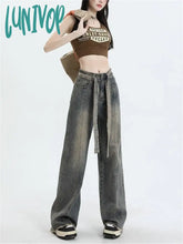 Lunivop Women’s Distressed Burr Edge Design Wide-Leg Jeans American Vintage Casual Denim Trousers